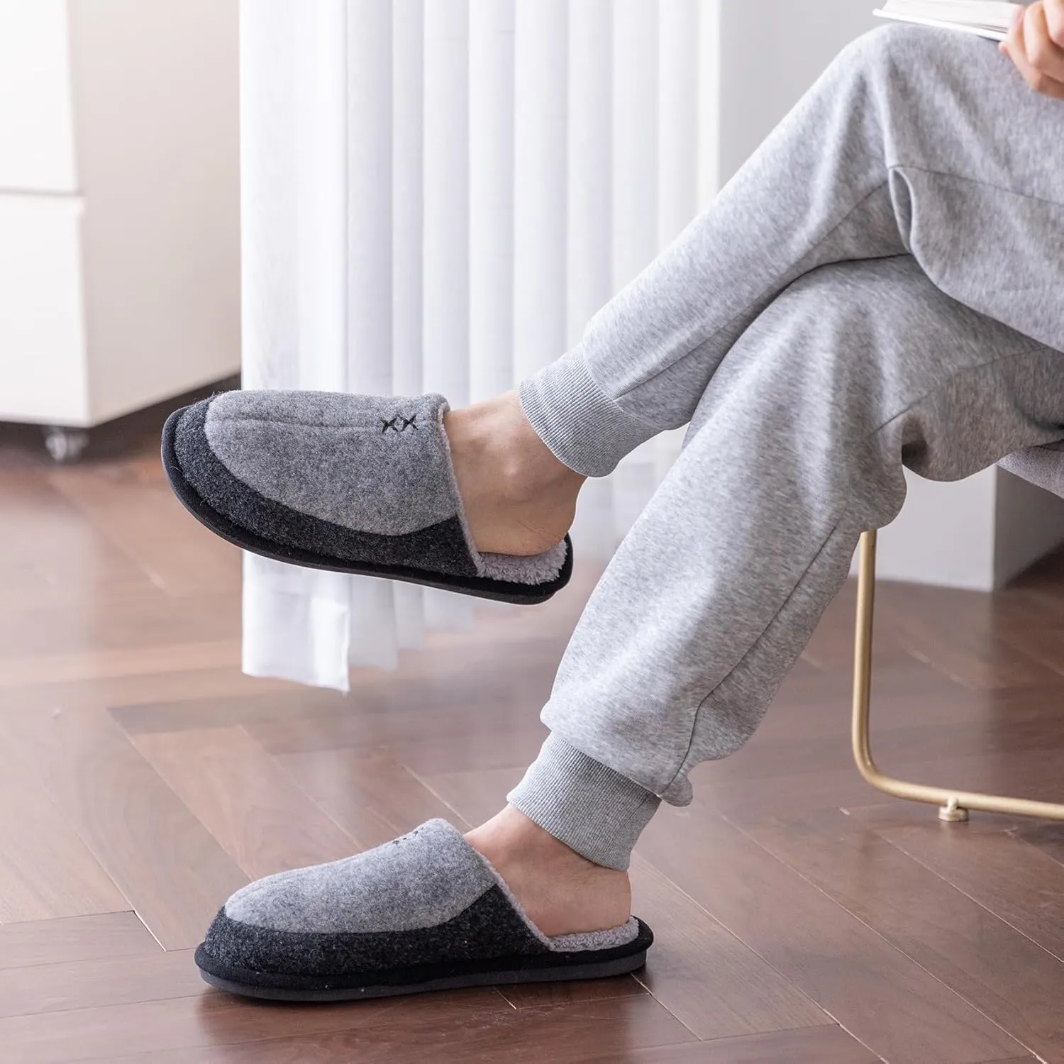 Mens Two-Tone Scuff Slippers with Memory Foam Cozy Warm Slip On House Shoes for Indoor Outdoor Gifts for Men Him Dad