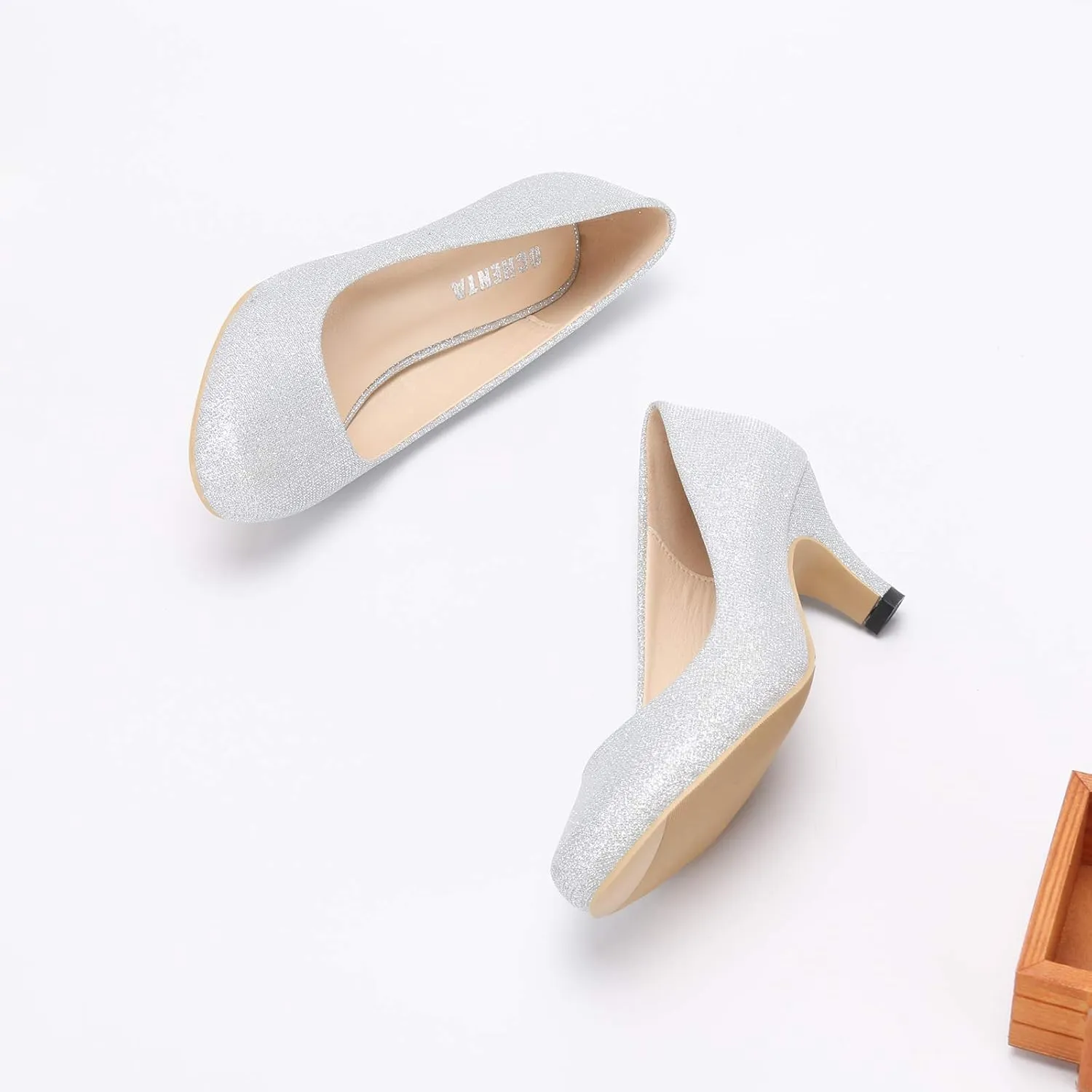 OCHENTA Women's Comfortable Low Kitten Heel Dress Shoes Round Toe Slip On Work Pumps