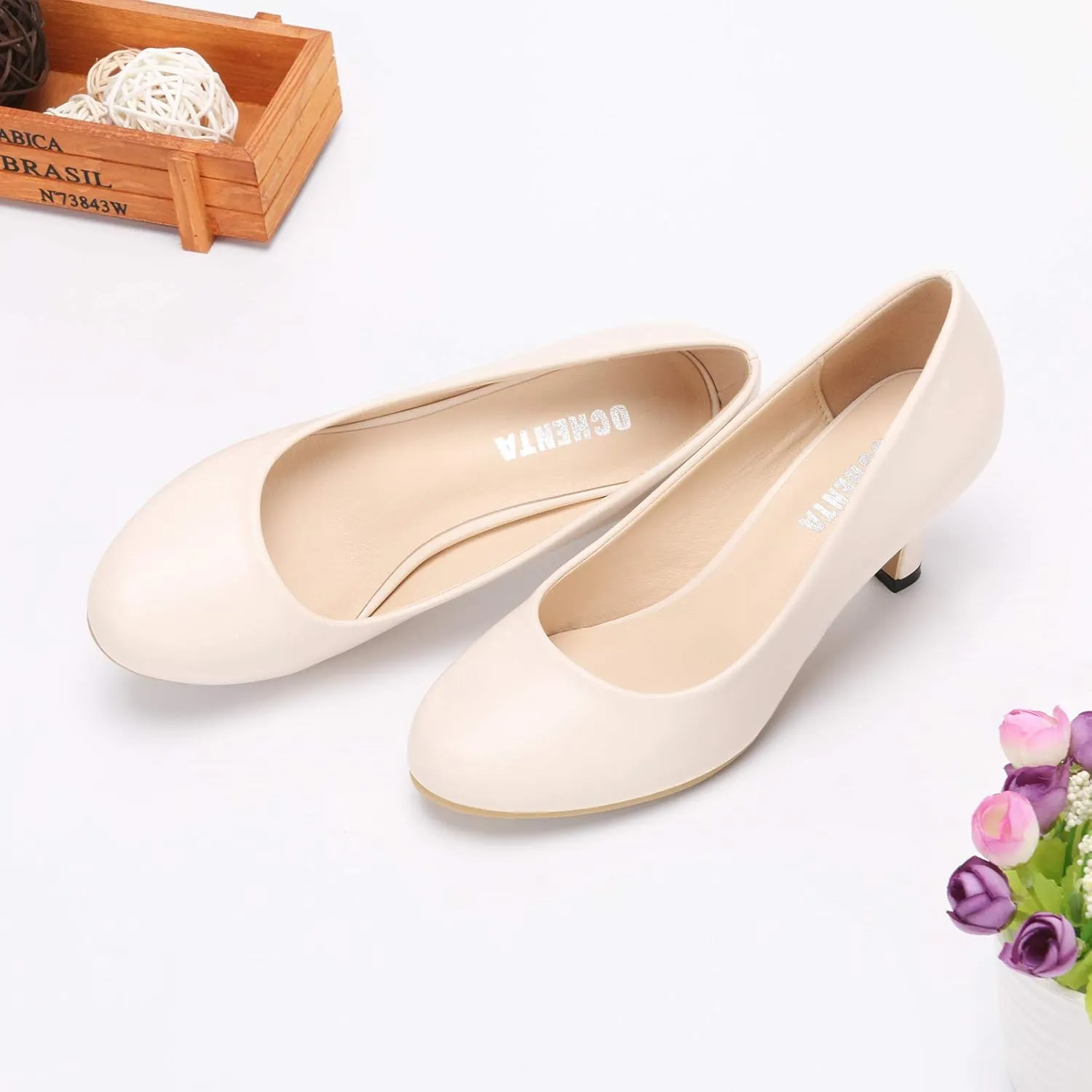 OCHENTA Women's Comfortable Low Kitten Heel Dress Shoes Round Toe Slip On Work Pumps