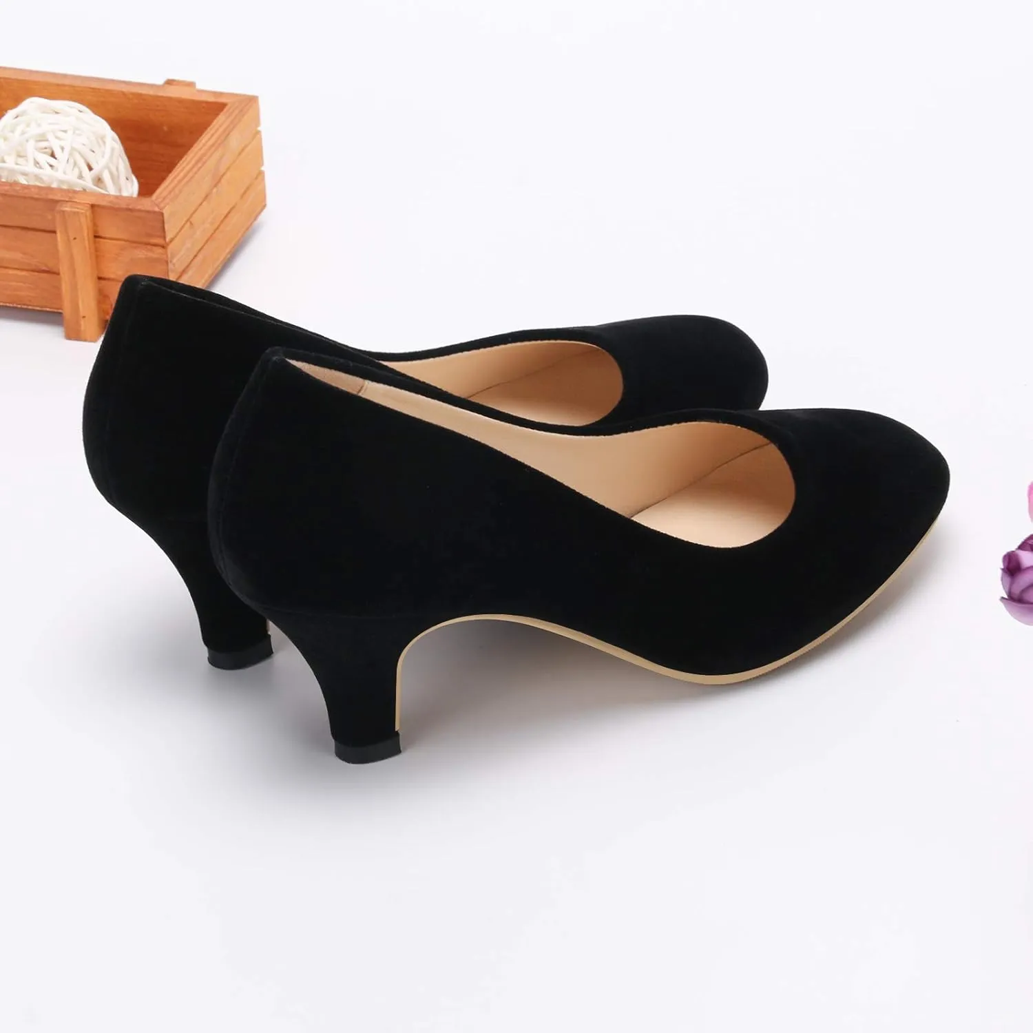 OCHENTA Women's Comfortable Low Kitten Heel Dress Shoes Round Toe Slip On Work Pumps