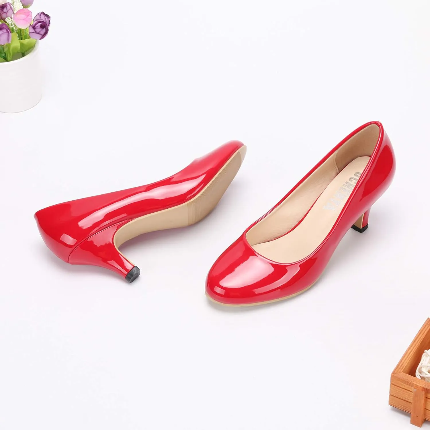 OCHENTA Women's Comfortable Low Kitten Heel Dress Shoes Round Toe Slip On Work Pumps