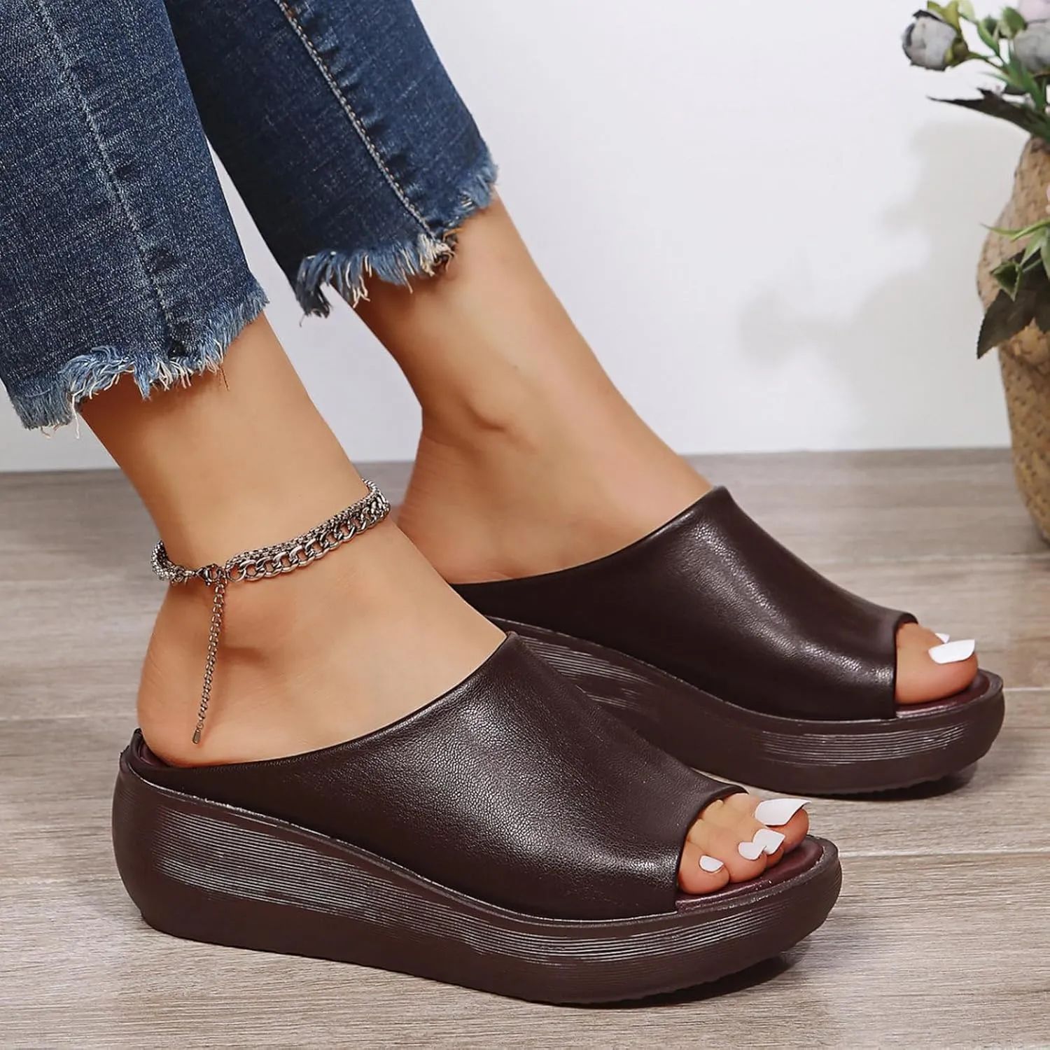 Orthopedic Sandals for Women 2024 Summer Comfortable Orthotic Leather Wedges Slides Dressy Platform Heel Arch Support Slip Sandals