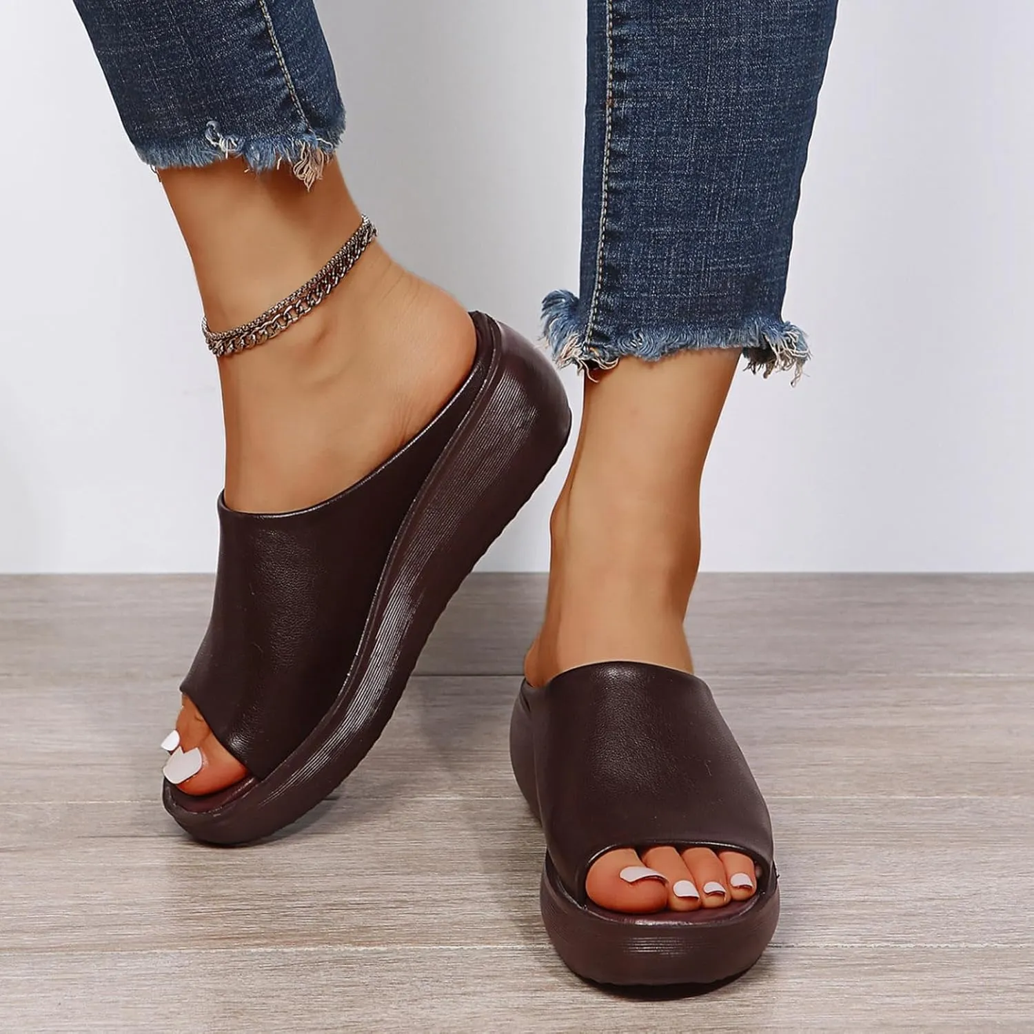 Orthopedic Sandals for Women 2024 Summer Comfortable Orthotic Leather Wedges Slides Dressy Platform Heel Arch Support Slip Sandals