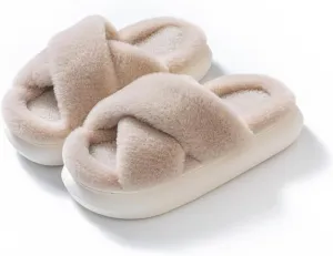 RErom Women Cross Band Faux Fur Fuzzy Slippers Plush Fluffy Furry Open Toe Slide Slipper Cozy Memory Foam Anti-Skid Sole Indoor Outdoor House Home Bedroom Slippers