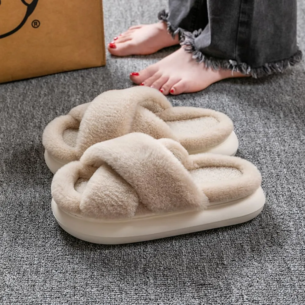 RErom Women Cross Band Faux Fur Fuzzy Slippers Plush Fluffy Furry Open Toe Slide Slipper Cozy Memory Foam Anti-Skid Sole Indoor Outdoor House Home Bedroom Slippers