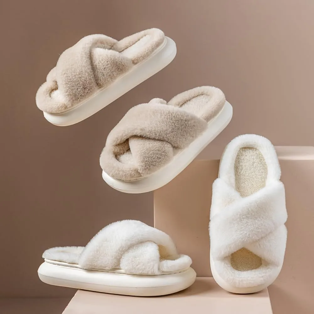 RErom Women Cross Band Faux Fur Fuzzy Slippers Plush Fluffy Furry Open Toe Slide Slipper Cozy Memory Foam Anti-Skid Sole Indoor Outdoor House Home Bedroom Slippers
