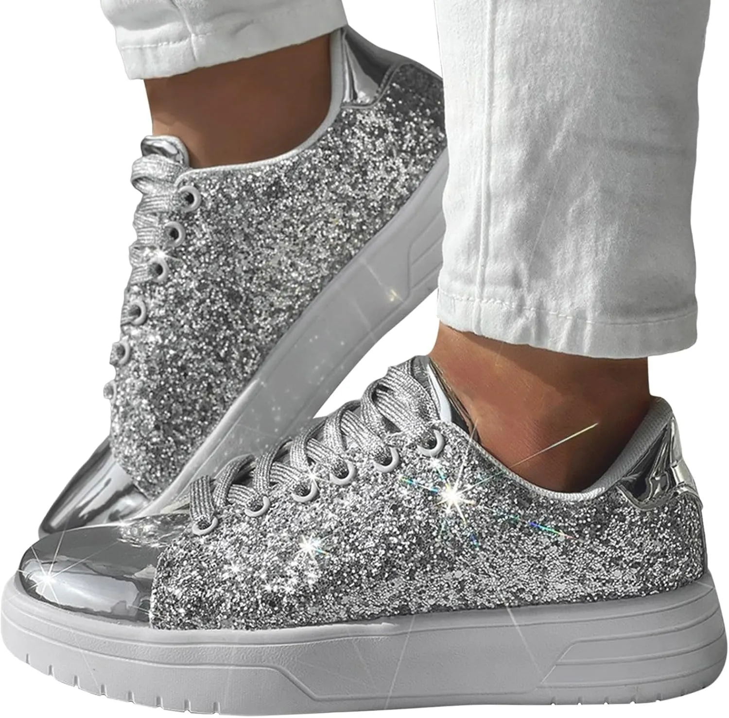 Rhinestone Sneakers for Women Women's Glitter Sneakers Shiny Sequin Tennis Rhinestone Bling Lace Up Shoes Fashion Sneakers