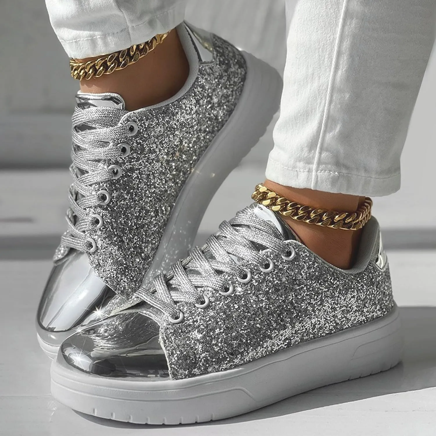 Rhinestone Sneakers for Women Women's Glitter Sneakers Shiny Sequin Tennis Rhinestone Bling Lace Up Shoes Fashion Sneakers