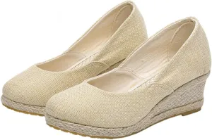 Round Closed Toe Heels Espadrilles for Women Elegant Wedges Working Shoes Comfy Platform Pumps Sandals Comfortable Casual Summer Wedges Sandals Walking Shoes