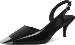 SAMMITOP Kitten Heel Slingback Pumps for Women Silver Cap Toe Low Heel Square Toe Heels Ankle Strap DOrsay Pump Shoes Office Party Prom 2.4 in