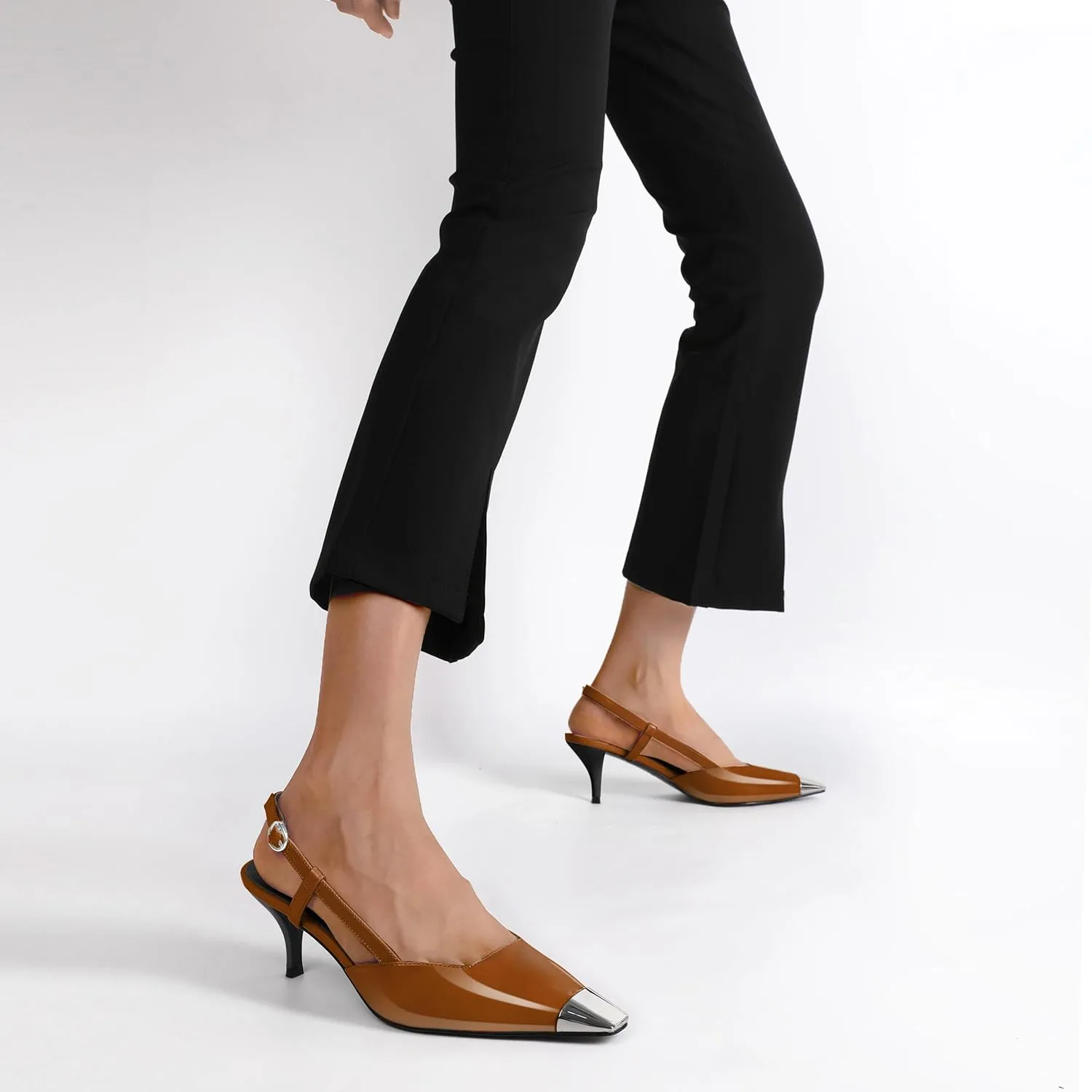 SAMMITOP Slingback Kitten Heels for Women Silver Cap Square Toe Low Stiletto Slip On Pumps with Buckle Strap Dress Work Heeled Sandals Shoes 2.4 Inch