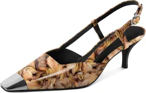 SAMMITOP Slingback Kitten Heels for Women Silver Cap Square Toe Low Stiletto Slip On Pumps with Buckle Strap Dress Work Heeled Sandals Shoes 2.4 Inch