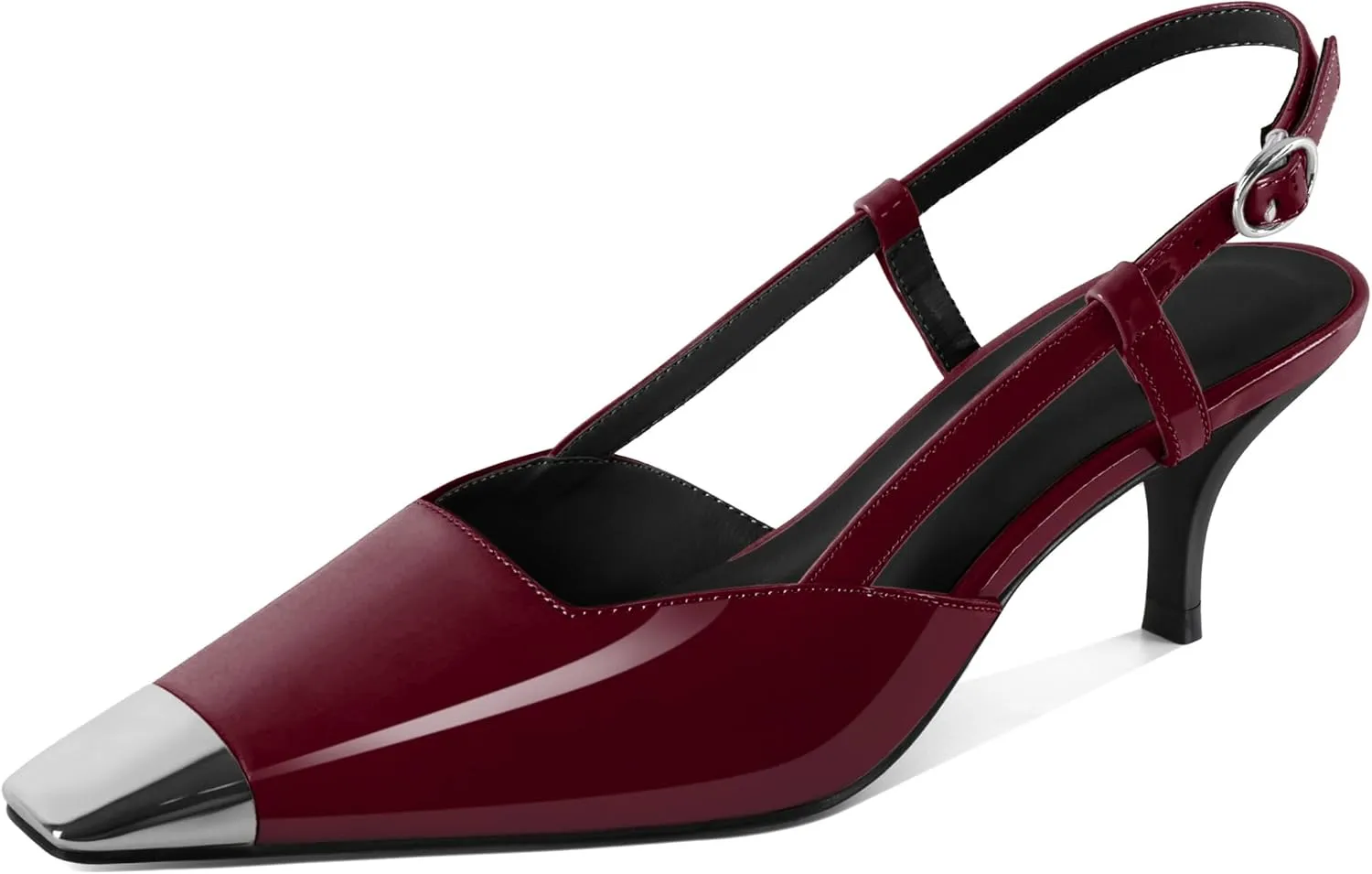 SAMMITOP Slingback Kitten Heels for Women Silver Cap Square Toe Low Stiletto Slip On Pumps with Buckle Strap Dress Work Heeled Sandals Shoes 2.4 Inch