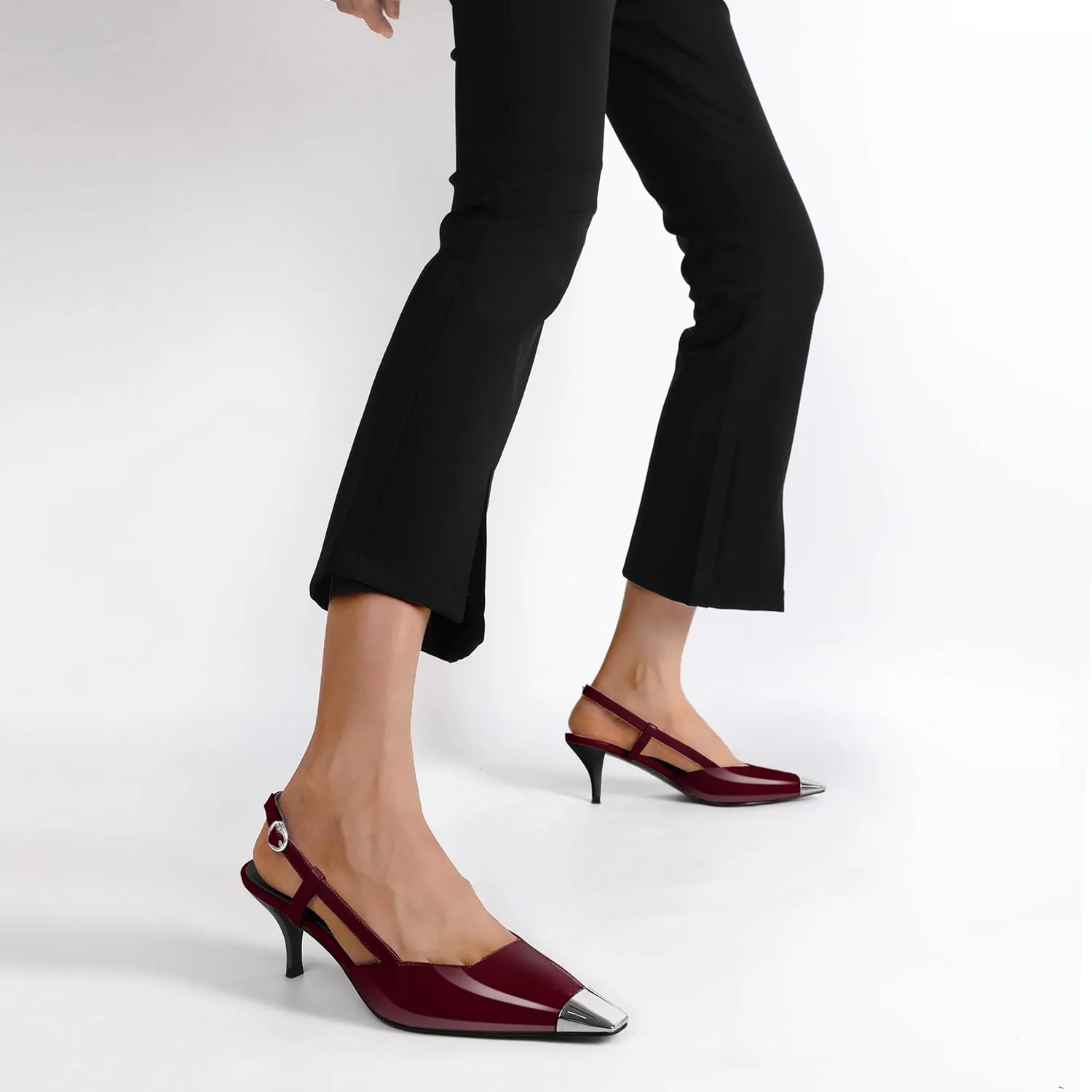SAMMITOP Slingback Kitten Heels for Women Silver Cap Square Toe Low Stiletto Slip On Pumps with Buckle Strap Dress Work Heeled Sandals Shoes 2.4 Inch