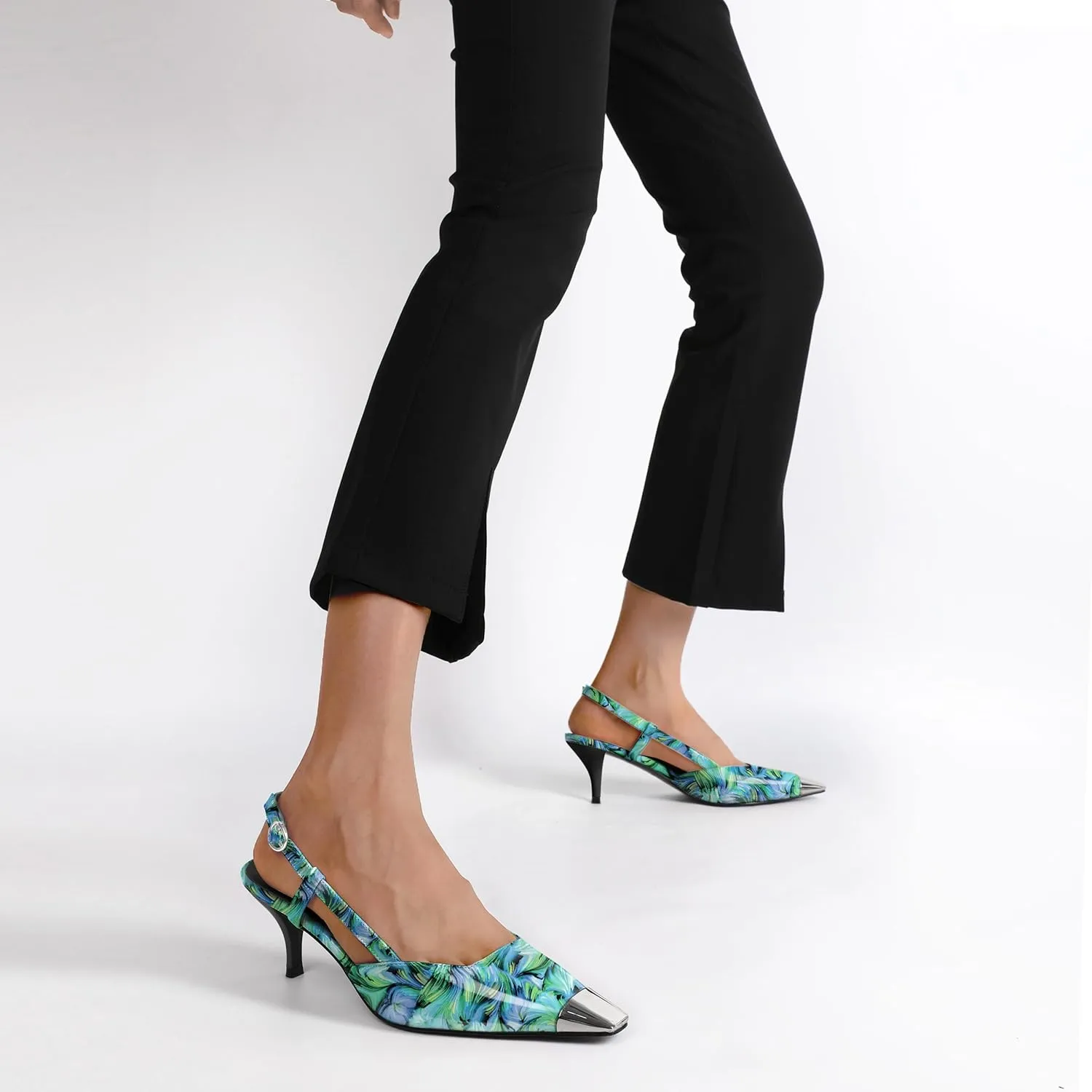 SAMMITOP Slingback Kitten Heels for Women Silver Cap Square Toe Low Stiletto Slip On Pumps with Buckle Strap Dress Work Heeled Sandals Shoes 2.4 Inch