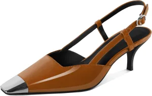 SAMMITOP Slingback Kitten Heels for Women Silver Cap Square Toe Low Stiletto Slip On Pumps with Buckle Strap Dress Work Heeled Sandals Shoes 2.4 Inch
