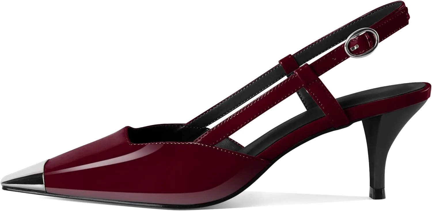 SAMMITOP Slingback Kitten Heels for Women Silver Cap Square Toe Low Stiletto Slip On Pumps with Buckle Strap Dress Work Heeled Sandals Shoes 2.4 Inch