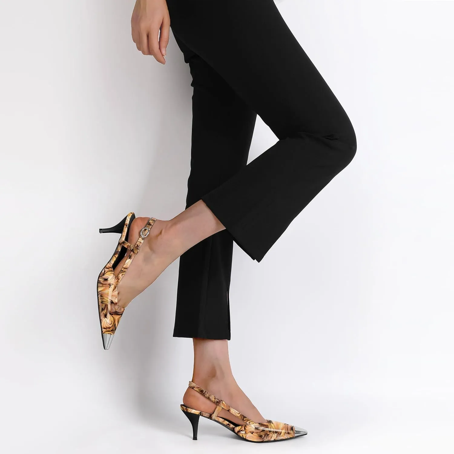 SAMMITOP Slingback Kitten Heels for Women Silver Cap Square Toe Low Stiletto Slip On Pumps with Buckle Strap Dress Work Heeled Sandals Shoes 2.4 Inch