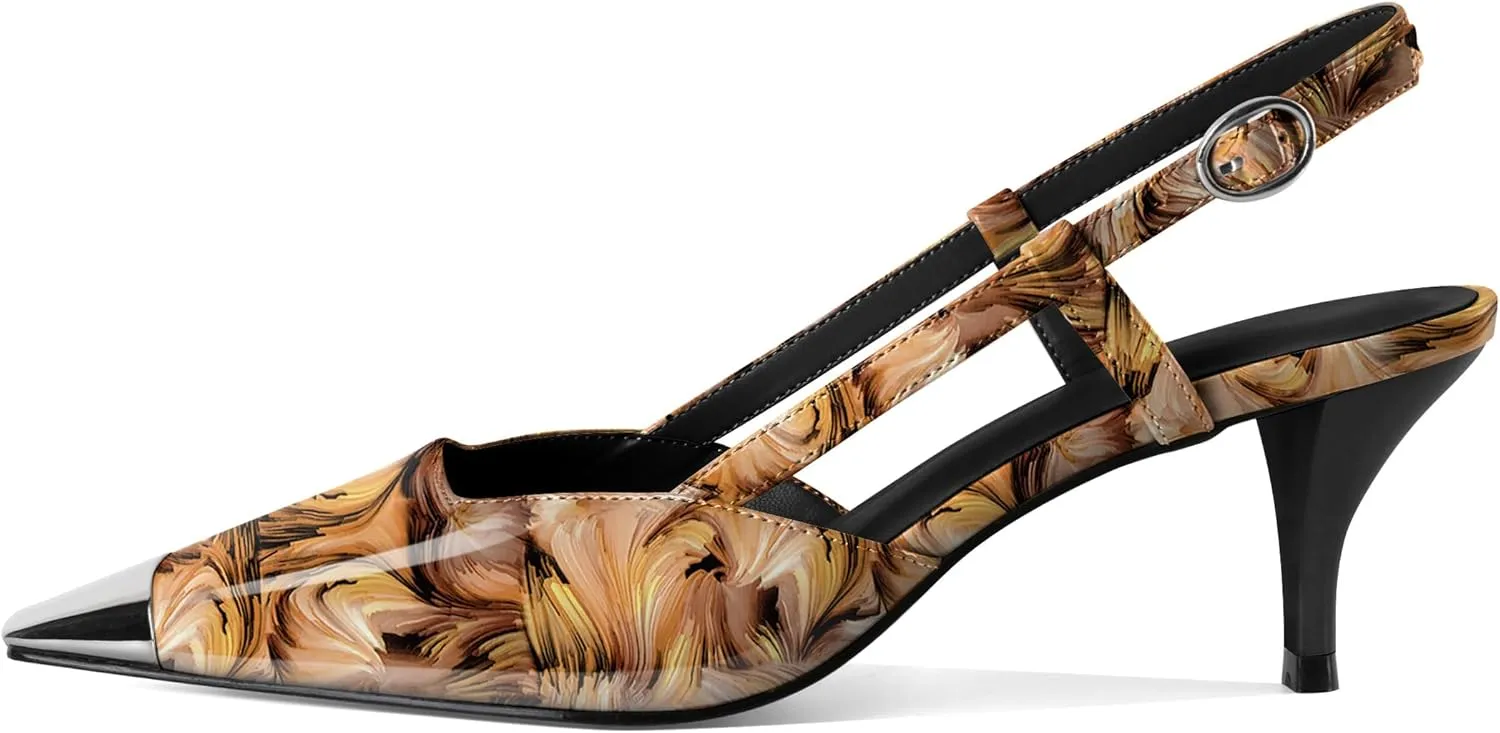 SAMMITOP Slingback Kitten Heels for Women Silver Cap Square Toe Low Stiletto Slip On Pumps with Buckle Strap Dress Work Heeled Sandals Shoes 2.4 Inch