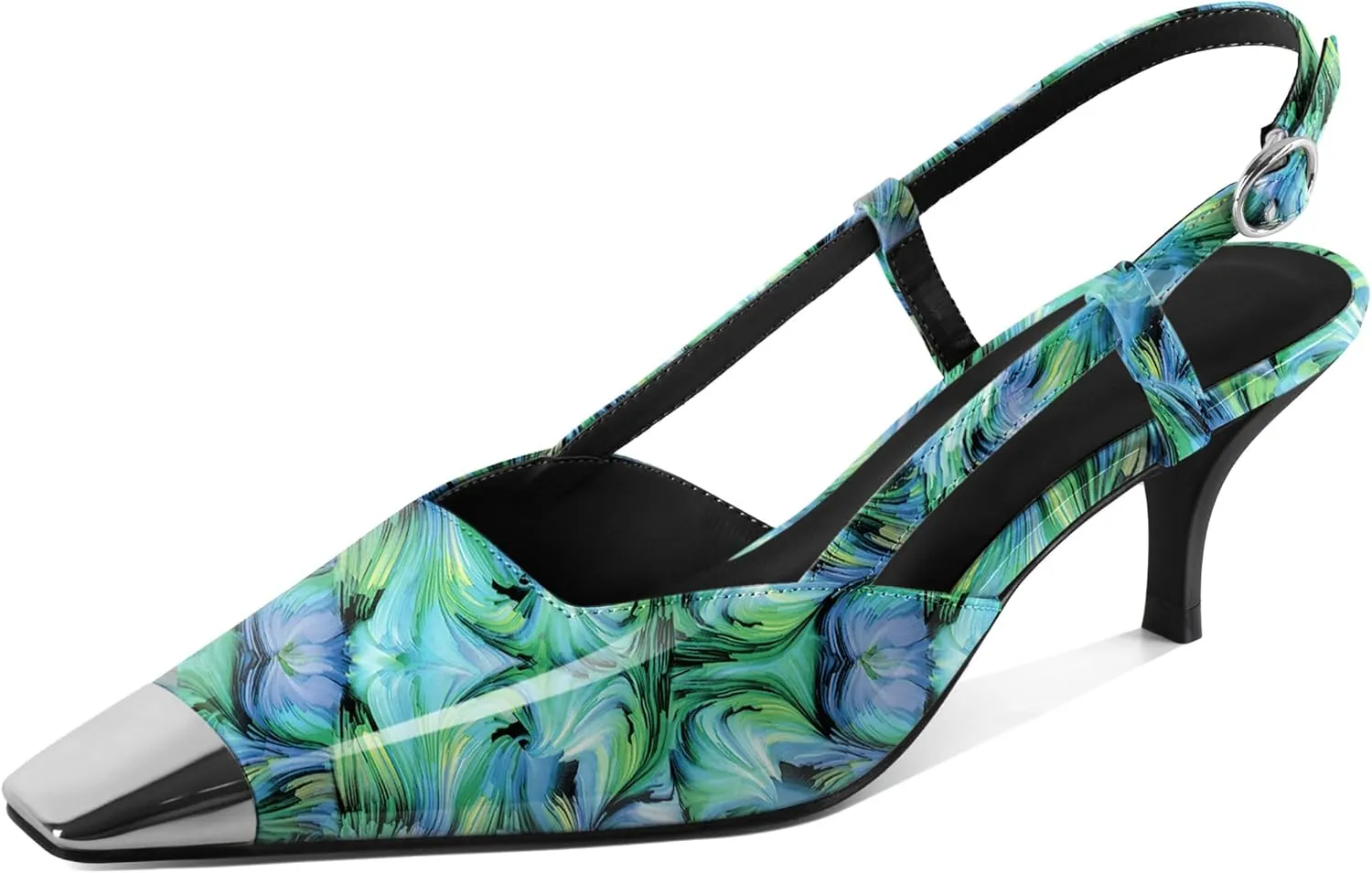 SAMMITOP Slingback Kitten Heels for Women Silver Cap Square Toe Low Stiletto Slip On Pumps with Buckle Strap Dress Work Heeled Sandals Shoes 2.4 Inch