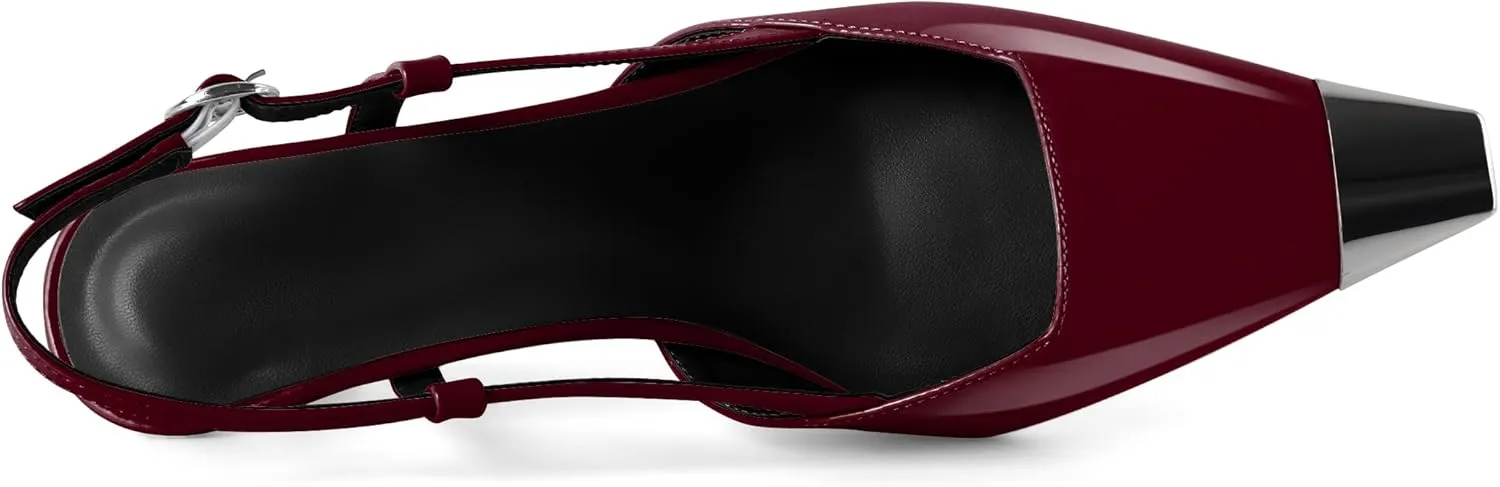 SAMMITOP Slingback Kitten Heels for Women Silver Cap Square Toe Low Stiletto Slip On Pumps with Buckle Strap Dress Work Heeled Sandals Shoes 2.4 Inch