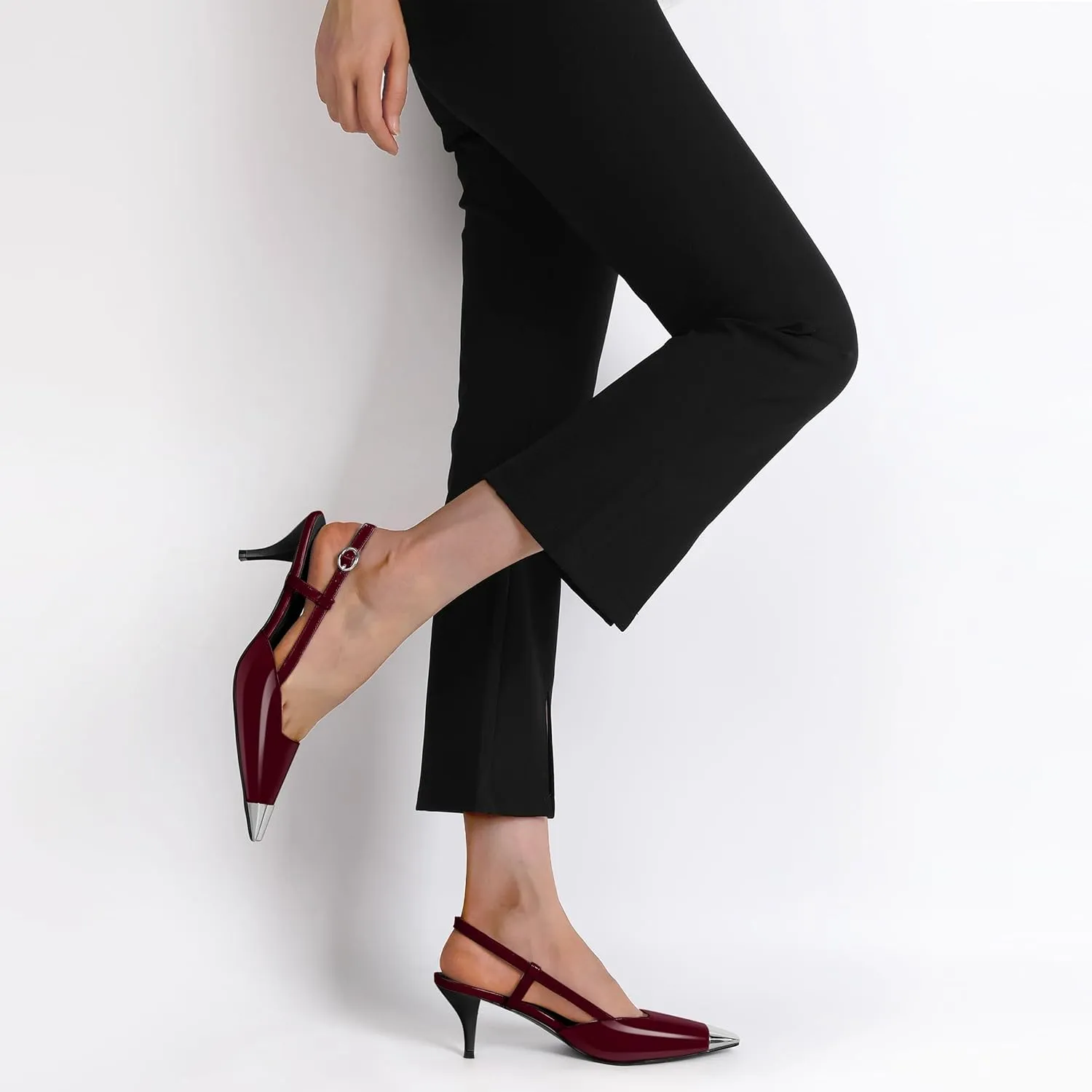 SAMMITOP Slingback Kitten Heels for Women Silver Cap Square Toe Low Stiletto Slip On Pumps with Buckle Strap Dress Work Heeled Sandals Shoes 2.4 Inch