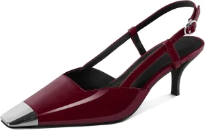 SAMMITOP Slingback Kitten Heels for Women Silver Cap Square Toe Low Stiletto Slip On Pumps with Buckle Strap Dress Work Heeled Sandals Shoes 2.4 Inch