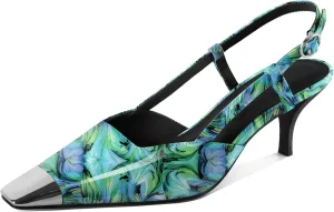 SAMMITOP Slingback Kitten Heels for Women Silver Cap Square Toe Low Stiletto Slip On Pumps with Buckle Strap Dress Work Heeled Sandals Shoes 2.4 Inch