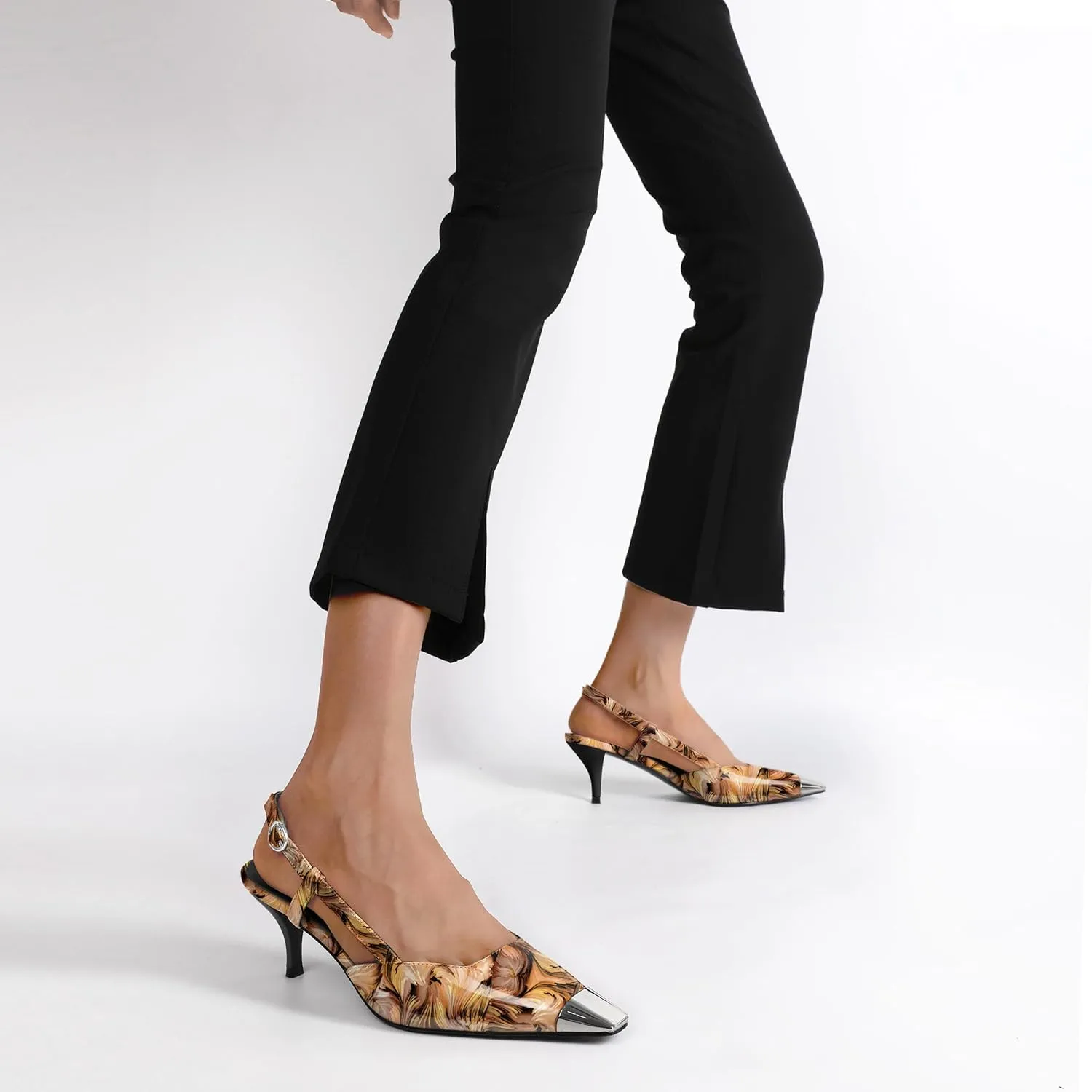 SAMMITOP Slingback Kitten Heels for Women Silver Cap Square Toe Low Stiletto Slip On Pumps with Buckle Strap Dress Work Heeled Sandals Shoes 2.4 Inch