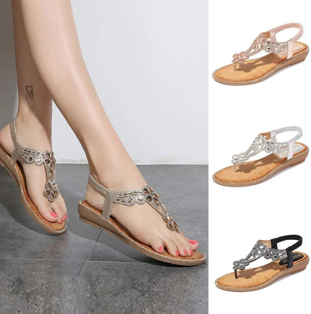 Sandals for Women Thong,Women's Bohemia Bling Rhinestone Pearl Flat Sandals Flat Gladiator Sandals Open Toe Dress Shoes