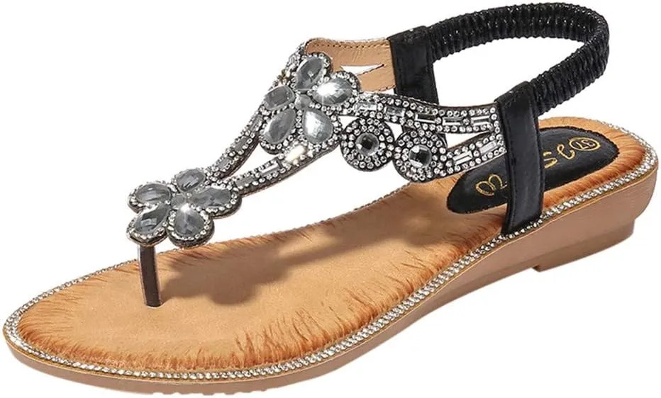 Sandals for Women Thong,Women's Bohemia Bling Rhinestone Pearl Flat Sandals Flat Gladiator Sandals Open Toe Dress Shoes