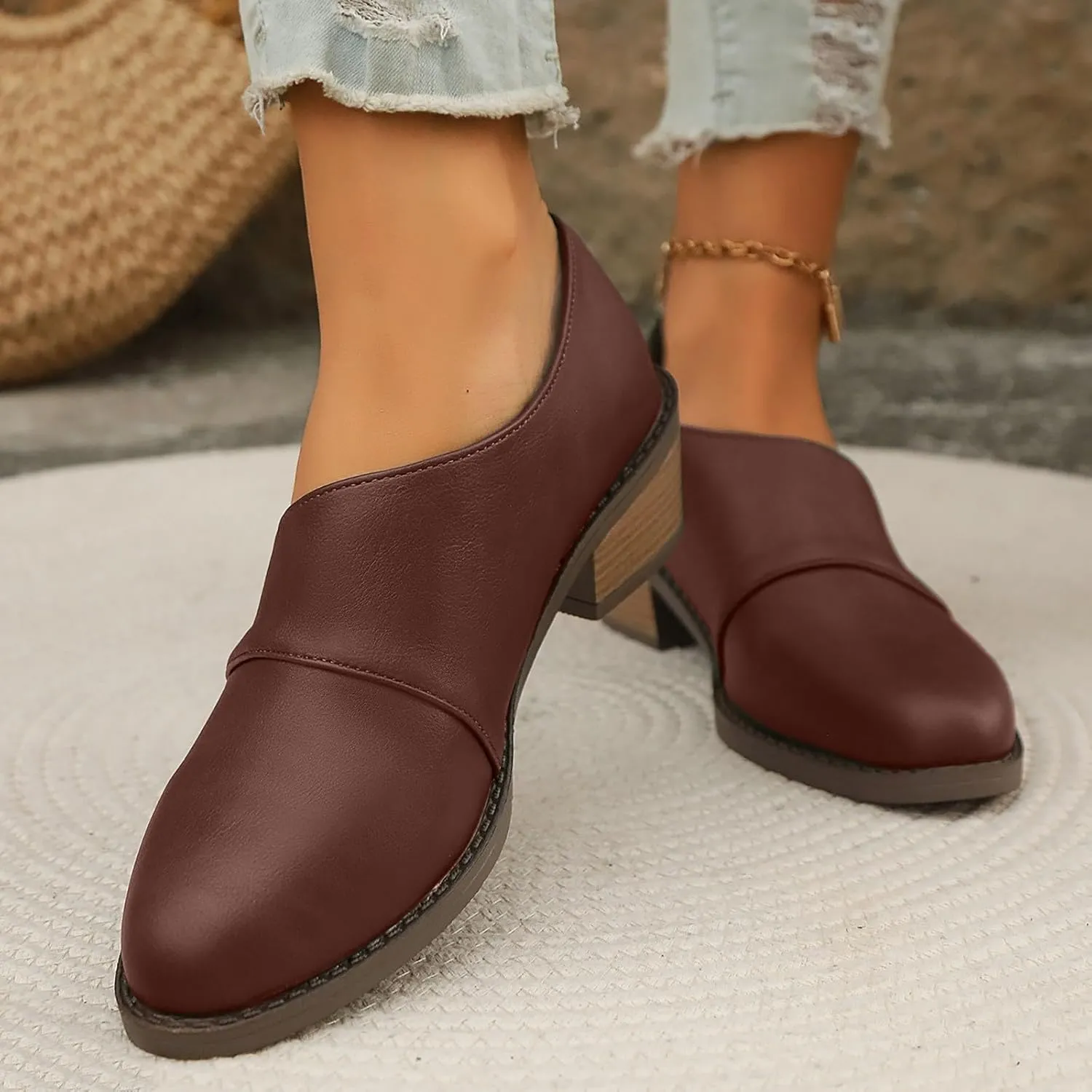 Slip On Women's Pumps Chunky Block Heels Pointed Toe Heels High Loafers Dress Work Shoes for Business