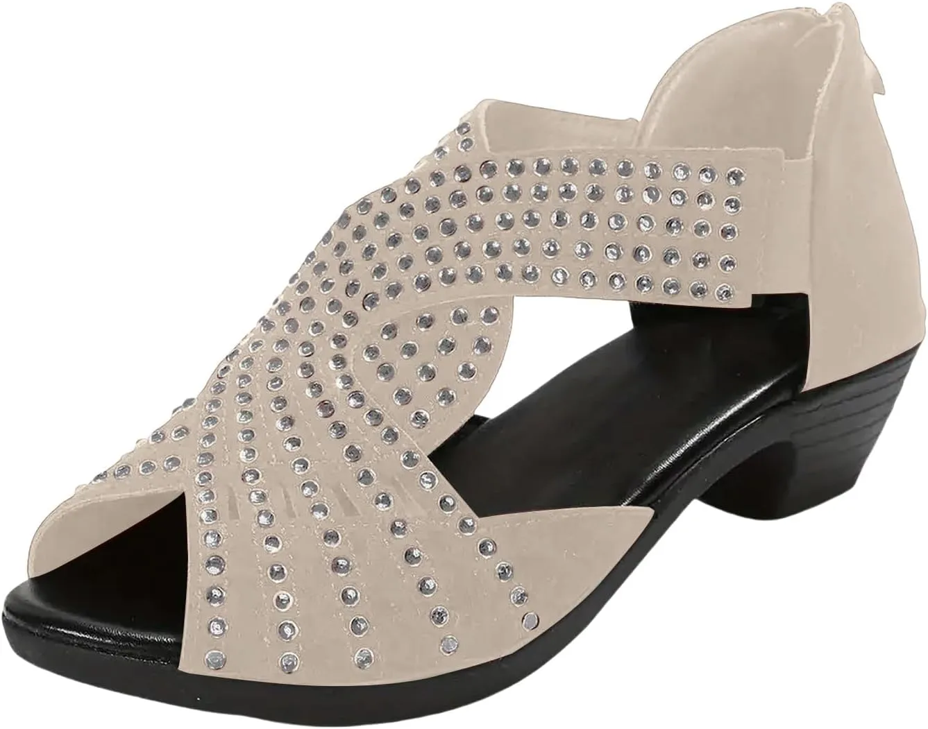 Summer Sandals for Women Open Toe Rhinestone Stacked Mid Heels Sandal Latin Salsa Performance Dance Shoes Casual Chunky Heels Sandals Non Slip Hollow Out Wedge Shoes