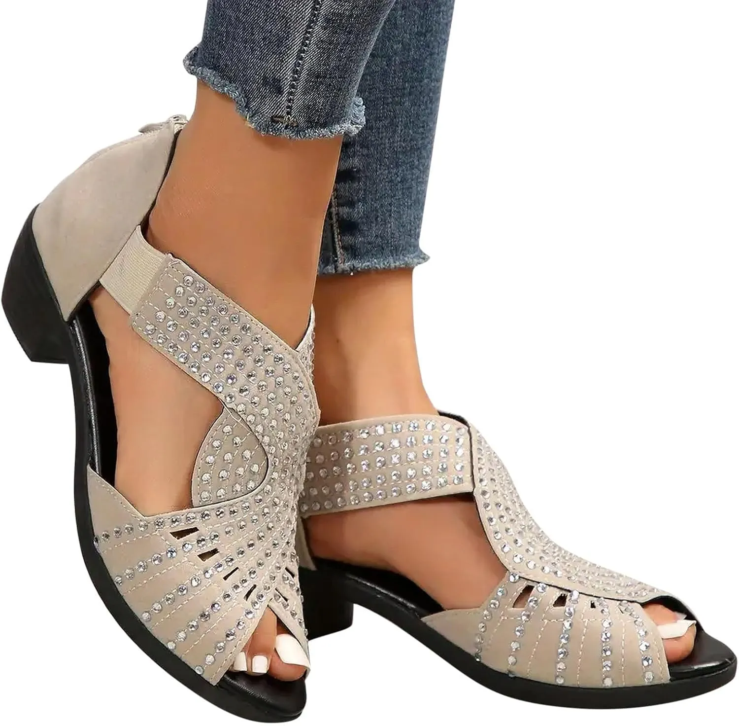 Summer Sandals for Women Open Toe Rhinestone Stacked Mid Heels Sandal Latin Salsa Performance Dance Shoes Casual Chunky Heels Sandals Non Slip Hollow Out Wedge Shoes