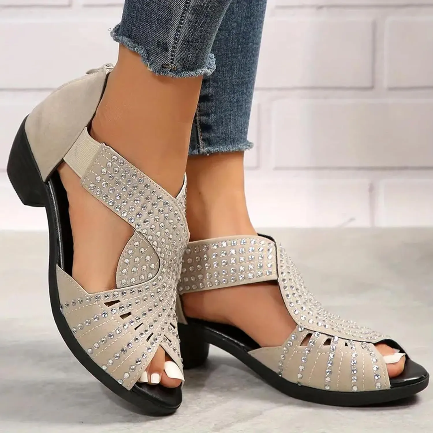 Summer Sandals for Women Open Toe Rhinestone Stacked Mid Heels Sandal Latin Salsa Performance Dance Shoes Casual Chunky Heels Sandals Non Slip Hollow Out Wedge Shoes