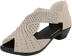 Summer Sandals for Women Open Toe Rhinestone Stacked Mid Heels Sandal Latin Salsa Performance Dance Shoes Casual Chunky Heels Sandals Non Slip Hollow Out Wedge Shoes