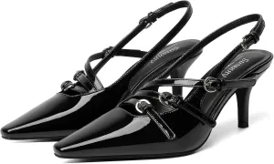Susanny Black Slingback Kitten Heels for Women Closed Pointed Toe Strappy Dress Pumps Comfortable Stiletto Low Heels Sexy Buckle Strap Dressy Slip On Shoes for Wedding Bridal Party Work 11