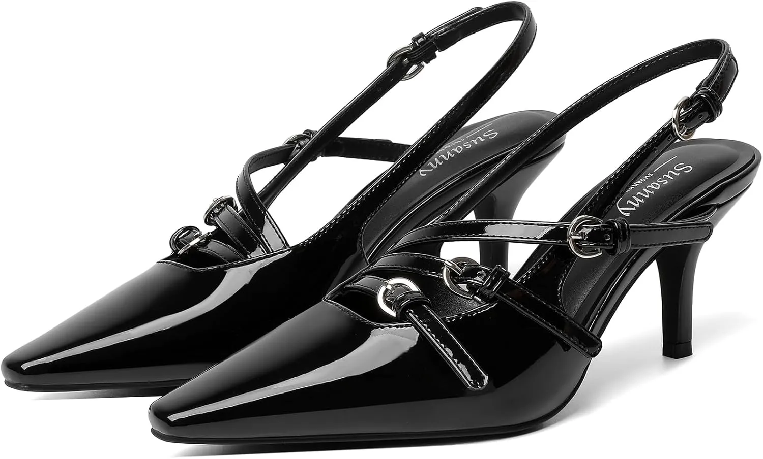 Susanny Black Slingback Kitten Heels for Women Closed Pointed Toe Strappy Dress Pumps Comfortable Stiletto Low Heels Sexy Buckle Strap Dressy Slip On Shoes for Wedding Bridal Party Work 11