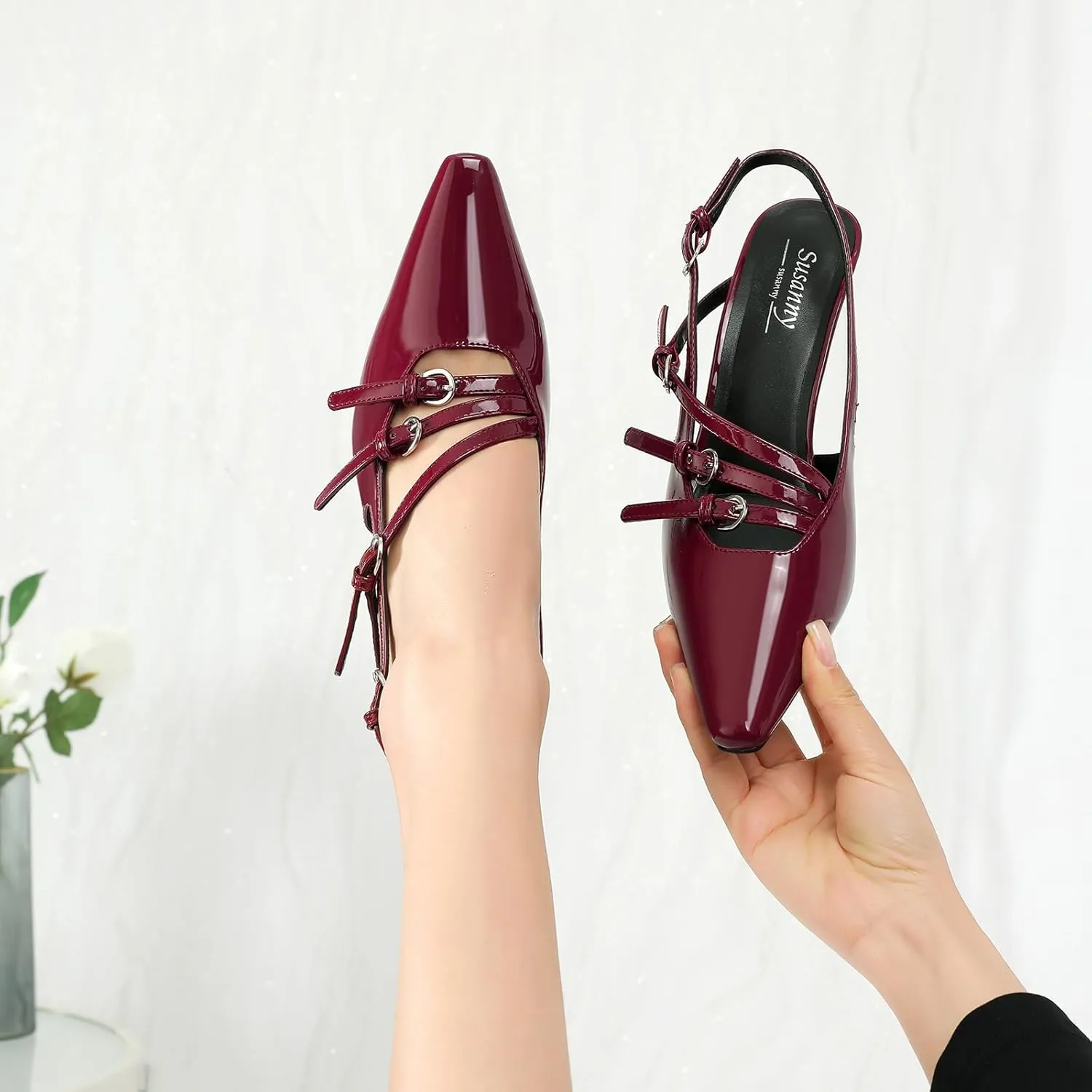Susanny Burgundy Patent Slingback Kitten Heels for Women Closed Pointed Toe Strappy Dress Pumps Comfortable Stiletto Low Heels Sexy Buckle Strap Dressy Slip On Shoes for Wedding Bridal Work
