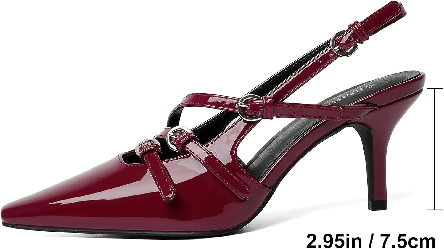 Susanny Burgundy Patent Slingback Kitten Heels for Women Closed Pointed Toe Strappy Dress Pumps Comfortable Stiletto Low Heels Sexy Buckle Strap Dressy Slip On Shoes for Wedding Bridal Work