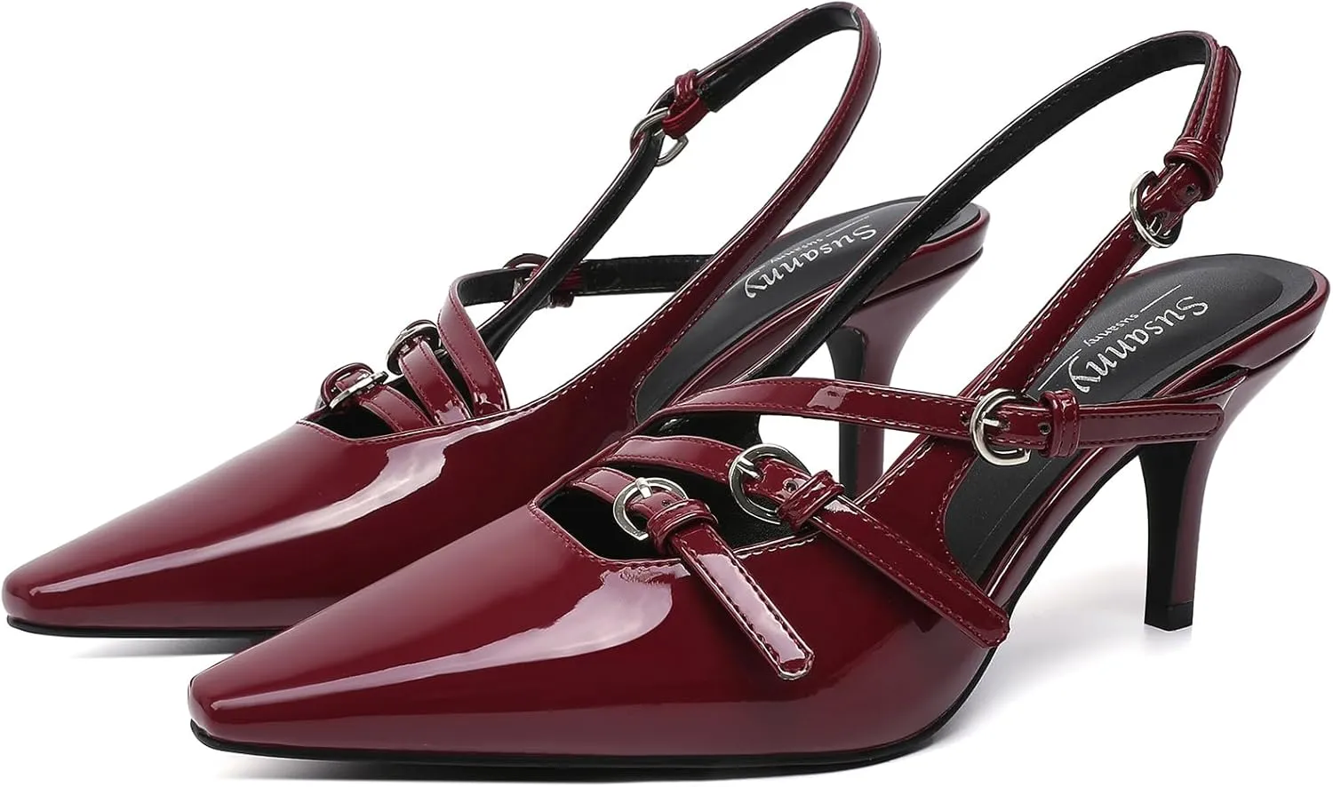 Susanny Burgundy Patent Slingback Kitten Heels for Women Closed Pointed Toe Strappy Dress Pumps Comfortable Stiletto Low Heels Sexy Buckle Strap Dressy Slip On Shoes for Wedding Bridal Work