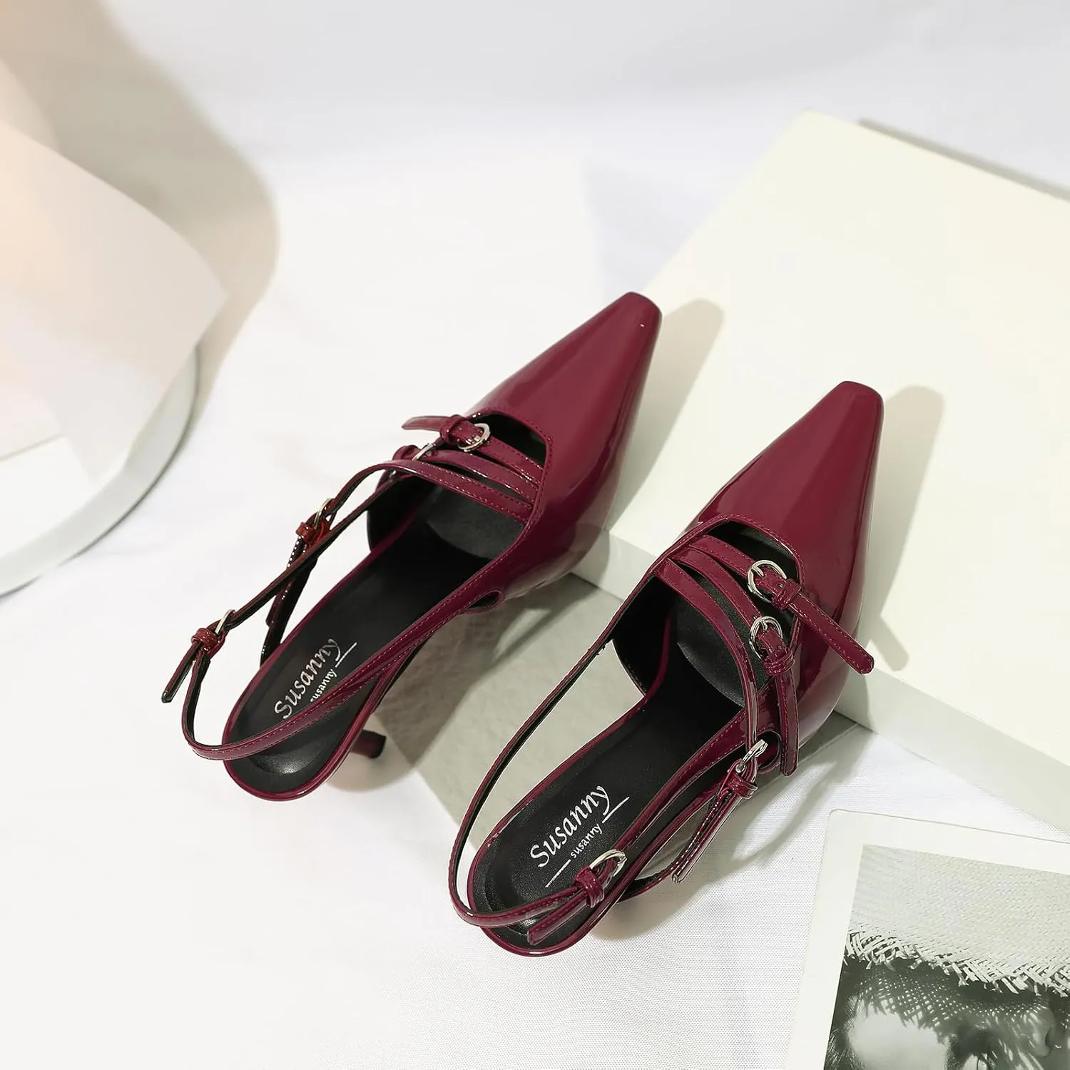 Susanny Burgundy Patent Slingback Kitten Heels for Women Closed Pointed Toe Strappy Dress Pumps Comfortable Stiletto Low Heels Sexy Buckle Strap Dressy Slip On Shoes for Wedding Bridal Work