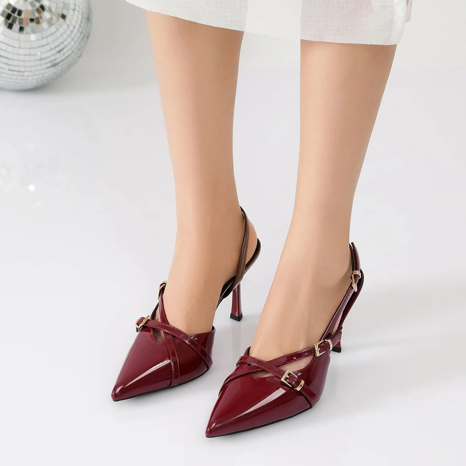 Susanny Slingback Heels for Women Closed Pointed Toe Strappy Dress Pumps Comfortable Stiletto Kitten Heels Sexy Buckle Strap Dressy Slip On Shoes for Wedding Bridal Party Work