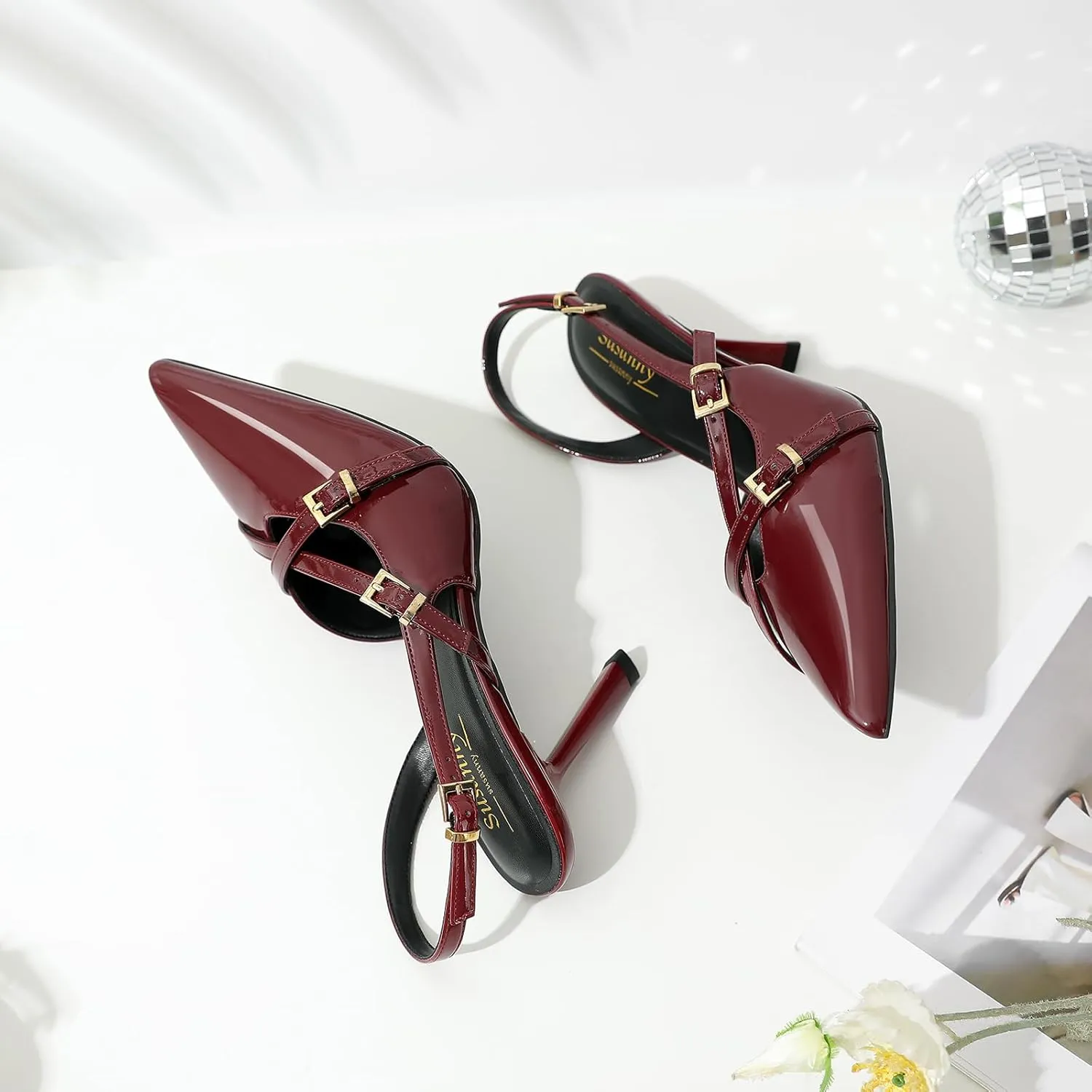 Susanny Slingback Heels for Women Closed Pointed Toe Strappy Dress Pumps Comfortable Stiletto Kitten Heels Sexy Buckle Strap Dressy Slip On Shoes for Wedding Bridal Party Work