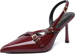 Susanny Slingback Heels for Women Closed Pointed Toe Strappy Dress Pumps Comfortable Stiletto Kitten Heels Sexy Buckle Strap Dressy Slip On Shoes for Wedding Bridal Party Work