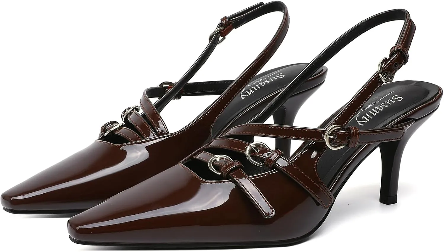 Susanny Slingback Kitten Heels for Women Closed Pointed Toe Strappy Dress Pumps Comfortable Stiletto Low Heels Sexy Buckle Strap Dressy Slip On Shoes for Wedding Bridal Party Work