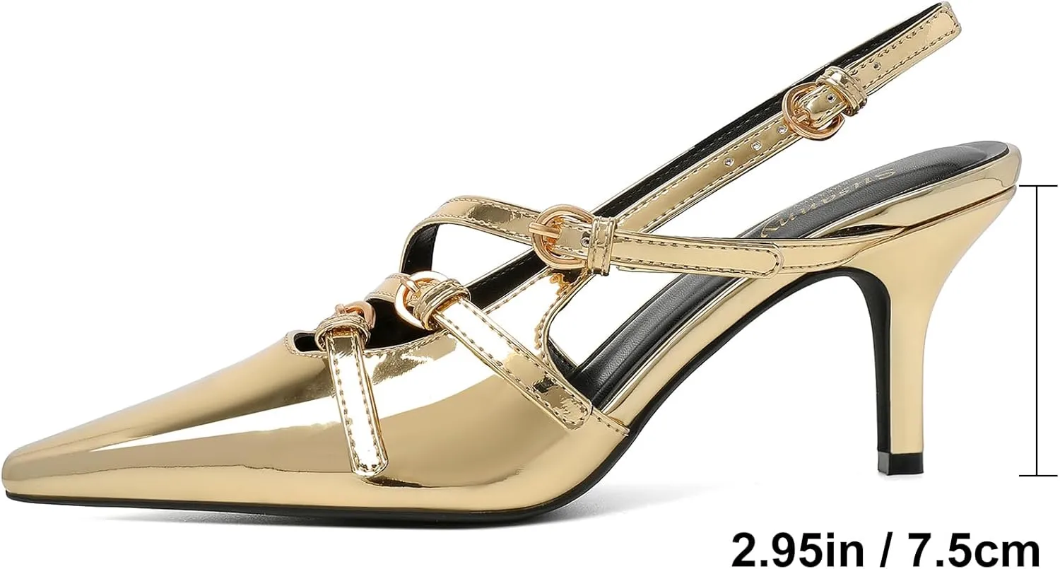 Susanny Slingback Kitten Heels for Women Closed Pointed Toe Strappy Dress Pumps Comfortable Stiletto Low Heels Sexy Buckle Strap Dressy Slip On Shoes for Wedding Bridal Party Work