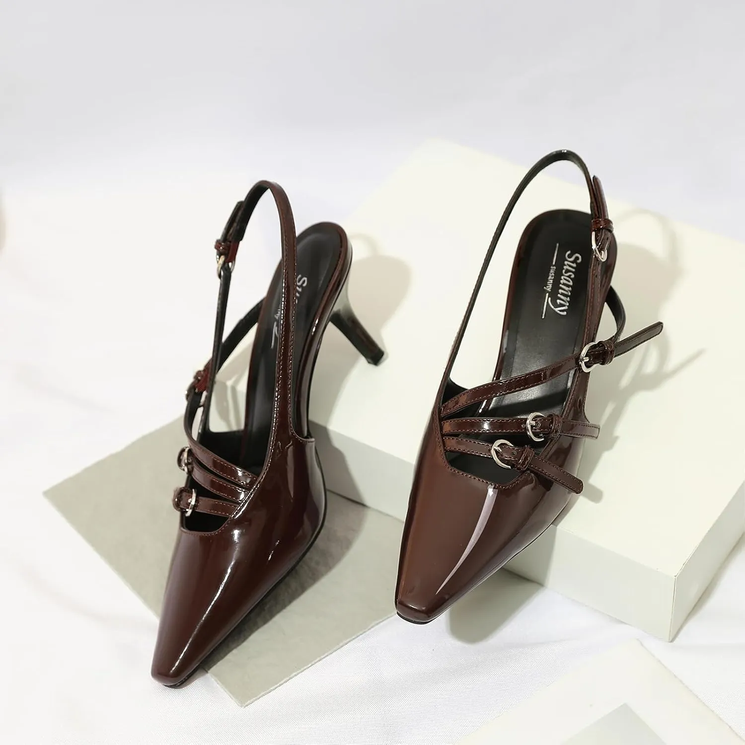 Susanny Slingback Kitten Heels for Women Closed Pointed Toe Strappy Dress Pumps Comfortable Stiletto Low Heels Sexy Buckle Strap Dressy Slip On Shoes for Wedding Bridal Party Work