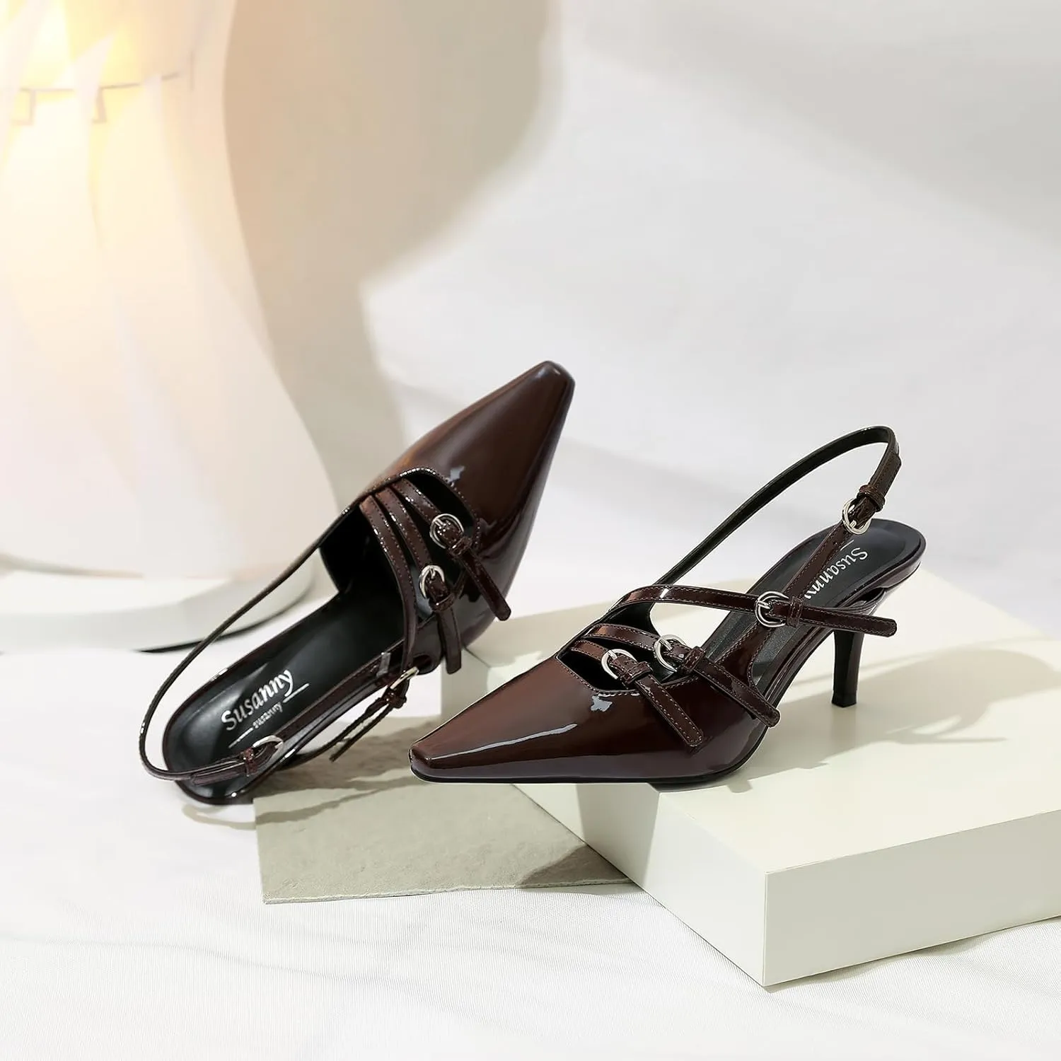 Susanny Slingback Kitten Heels for Women Closed Pointed Toe Strappy Dress Pumps Comfortable Stiletto Low Heels Sexy Buckle Strap Dressy Slip On Shoes for Wedding Bridal Party Work