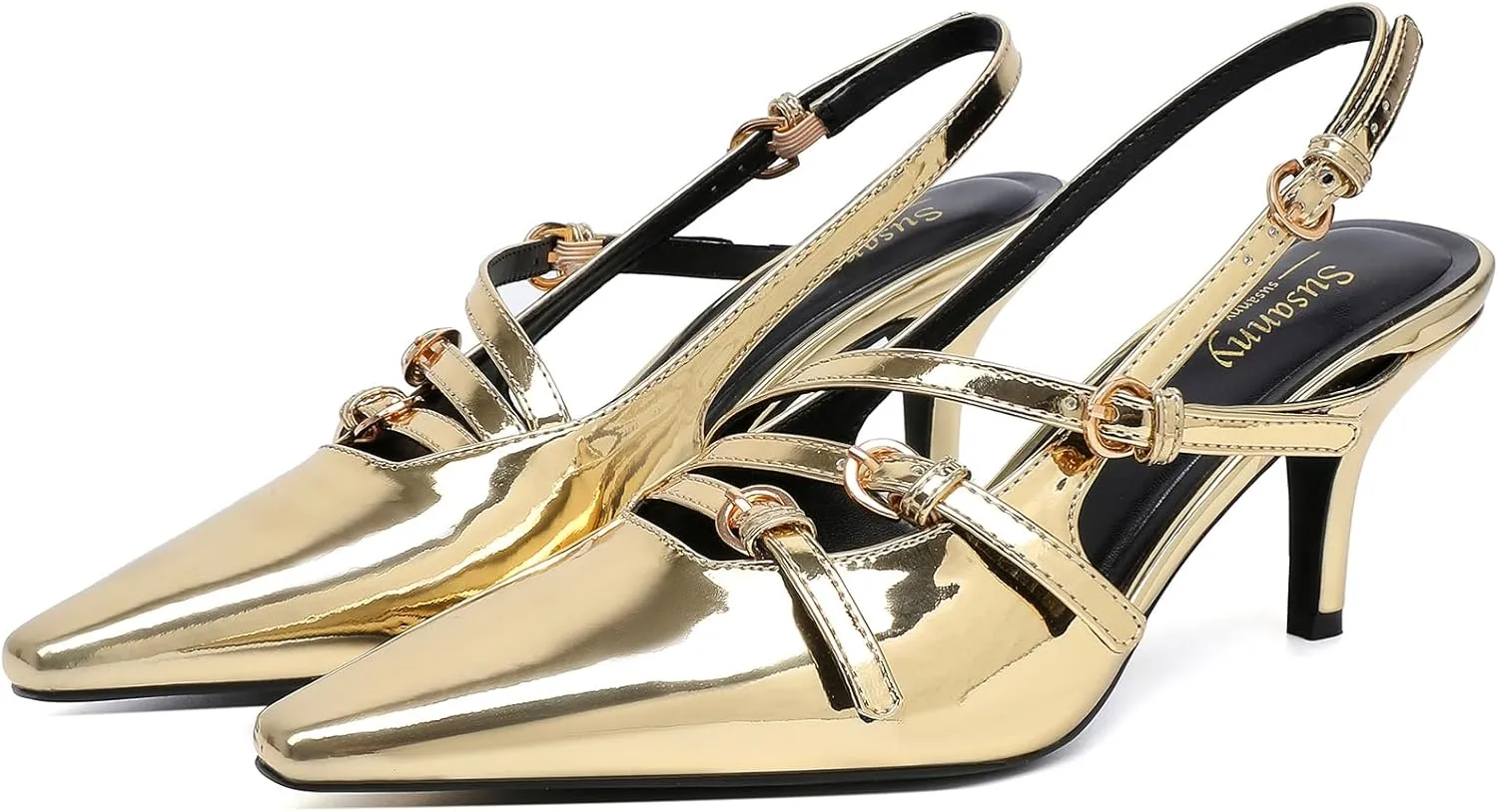 Susanny Slingback Kitten Heels for Women Closed Pointed Toe Strappy Dress Pumps Comfortable Stiletto Low Heels Sexy Buckle Strap Dressy Slip On Shoes for Wedding Bridal Party Work